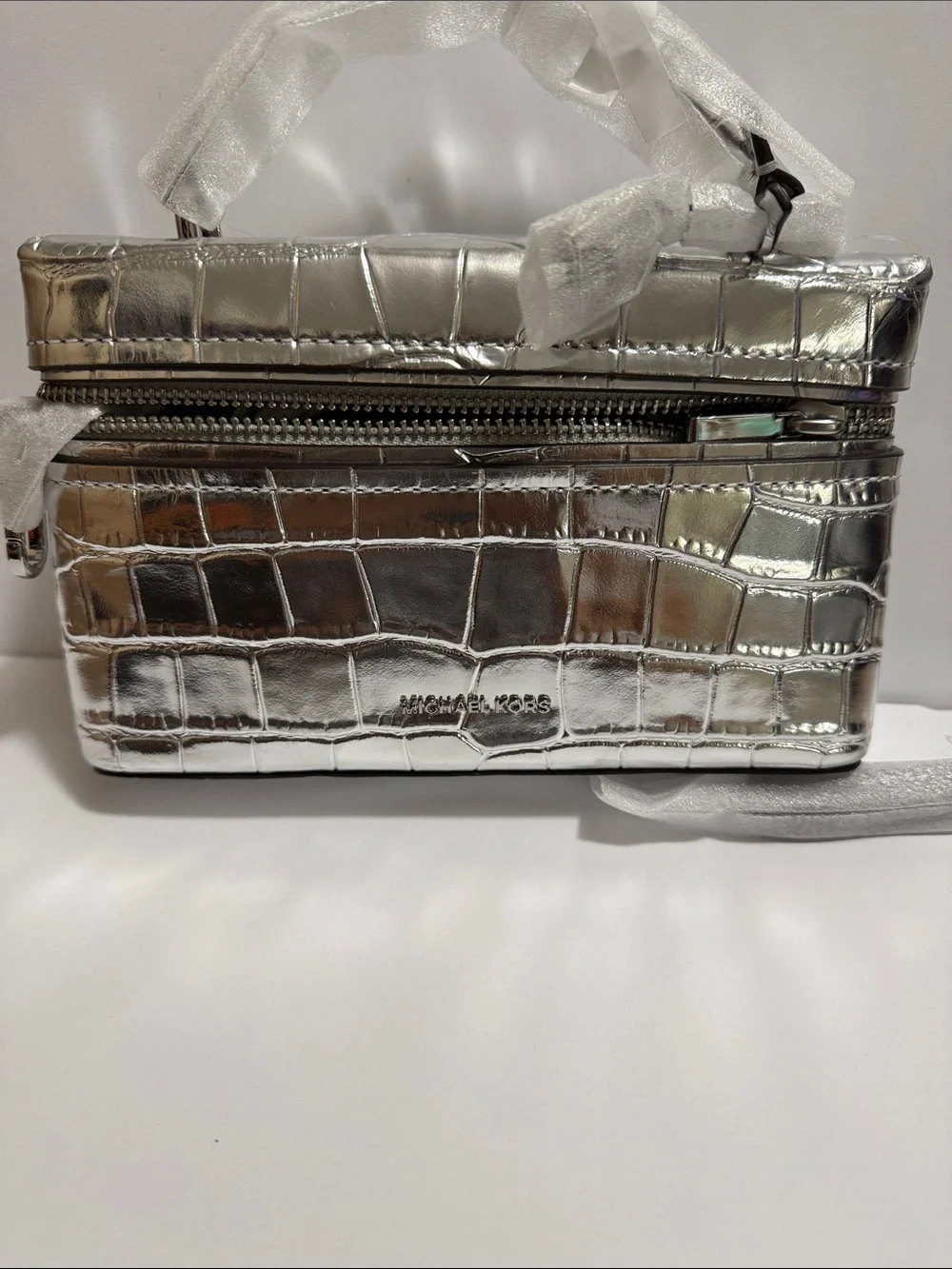 Michael Kors Metallic Silver Croc-Embossed Mini Vanity Bag